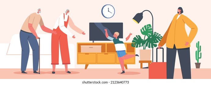 Kid Visit Grandparents in their Home Concept. Happy Grandfather, Grandmother and Grandson Characters Meeting. Boy Jump of Happiness for Coming on Holiday to Seniors. Cartoon People Vector Illustration