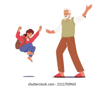 Kinderbesuch Granny Konzept. Fröhliches Großvater- und Enkeltreffen. Junge Jump of Happiness für die Reise nach Granddad auf Feiertagen einzeln auf weißem Hintergrund. Vektorgrafik von Cartoon People