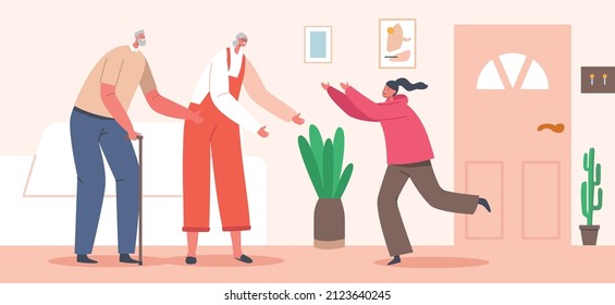 Kid Visit Granny Concept, Happy Grandparents Meet Granddaughter Character. Girl Run to Embrace Relatives Come to Grandmom and Granddad Home on Vacation or Holidays . Cartoon People Vector Illustration