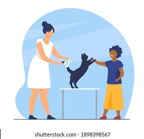 Kid visiting veterinary office with cat. Trauma, treatment, pet examination. Flat vector illustration. Domestic animals care, first medical aid concept for banner, website design or landing web page