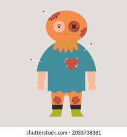 Kid in voodoo doll Halloween costumes vector cartoon character isolated on background.