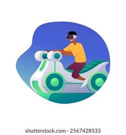 Kid in VR glasses sitting on motorbike moving seat playing in Virtual reality videogames attraction. Simulation drive experience. Cartoon augmented reality entertainment. Vector in decorative frame