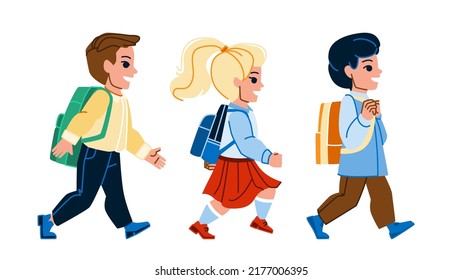 kid walk to school vector. backpack young boy girl, student back, happy lifestyle elementary children kid walk to school character. people flat cartoon illustration