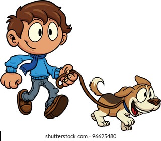 Kid Walking Dog. Vector Illustration. All In A Single Layer.