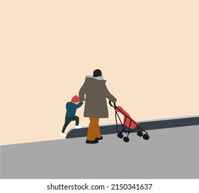 Kid walking with Mother and baby carriage on city street. Happy family concept with copy space. Creative vector illustration.
