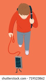 Kid walking the phone vector illustration. Child technology design concept