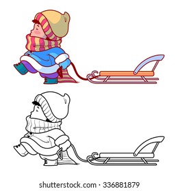 Kid walking with a sled. Winter holiday. Cute cartoon character. Vector clip-art illustration on a white background.