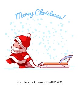 Kid walking with a sled. Winter holiday. Cute cartoon character. Christmas card.