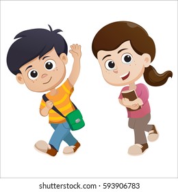 kid walking and talking.back to school.Vector and illustration.