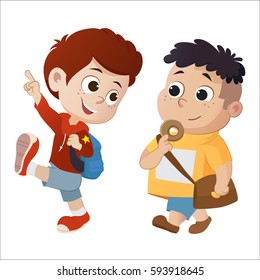 Kid Walking And Talking.back To School.Vector And Illustration.