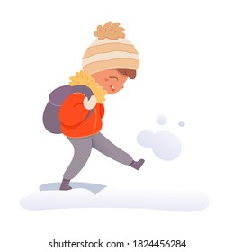 Kid walking in winter clothes outside. Happy boy in warm jacket and hat, standing in snow with backpack. Outfit for park walk vector illustration. Outdoor leisure activity.
