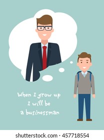 Kid wants to be a businessman poster. Smiling little boy chooses profession.