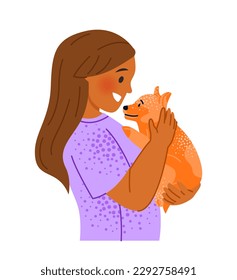 Kid in warm hug. Happy little girl cuddling her cute fluffy puppy. Child takes care of his pet or dog. Preschooler embrace animal and showing love. Cartoon flat vector illustration