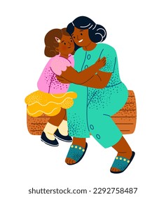 Kid in warm hug. Happy smiling mom and daughter sitting outdoors and embracing each other. Mother takes care of her child and shows tenderness. Parental love. Cartoon flat vector illustration
