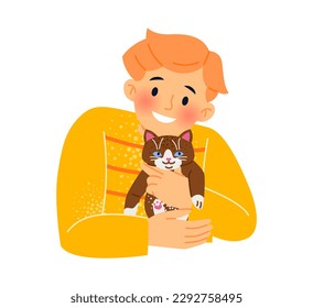 Kid in warm hug. Happy smiling boy embracing little fluffy kitten. Preschooler cuddling cat. Child takes care of his pet. Love to animals. Cartoon flat vector illustration