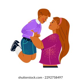 Kid in warm hug. Happy woman embracing and holding her son in arms. Boy in mother cuddle. Parent loves and cares for his child. Expression of tenderness and feelings. Cartoon flat vector illustration