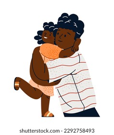 Kid in warm hug. Little happy girl cuddling her dad. Young African American man in embrace with his daughter. Parent shows love, tenderness and care for his child. Cartoon flat vector illustration