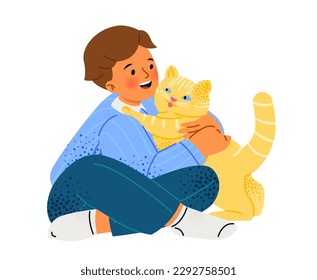 Kid in warm hug. Small happy boy embracing or cuddling with his fluffy cat or kitten. Child takes care of pet. Love to animals. Show of tenderness. Cartoon flat vector illustration