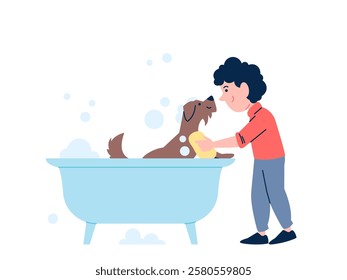 Kid wash dog. Little boy caring about his puppy. Bath time for pet, animal sitting in bath and has hygiene procedure. Grooming and care recent vector scene