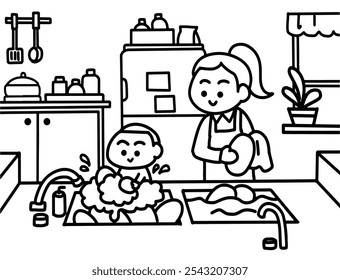 Kid washing dishes coloring pages style.