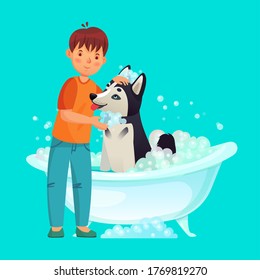 Kid Washing Dog. Pet Wash In Bathtub, Domestic Animal Clean, Character Boy With Dog In Bathroom, Vector Illustration