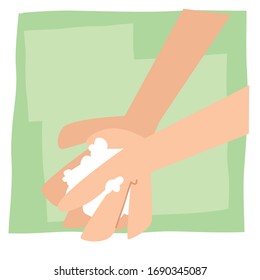 Kid washing hands, coronavirus. Vector illustration for kids. Pandemic. Covid19. Green background. Flat design