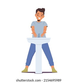 Kid Washing Hands, Happy Little Boy Character Hygiene Procedure, Morning Routine, Child Health Care. Preteen Kid Stand At Sink And Lathering Palms With Soap. Cartoon People Vector Illustration