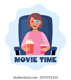 Kid watching movie with 3d glasses. Soda and popcorn in kids hands. Movie time concept. Cinema theater entertainment for children. Vector illustration