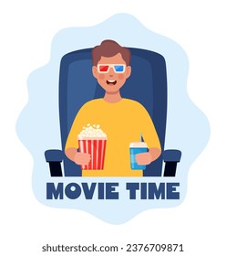 Kid watching movie with 3d glasses. Soda and popcorn in kids hands. Movie time concept. Cinema theater entertainment for children. Vector illustration