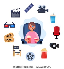 Kid watching movie with 3d glasses. Soda and popcorn in kids hands. Movie time concept. Cinema theater entertainment for children. Vector illustration