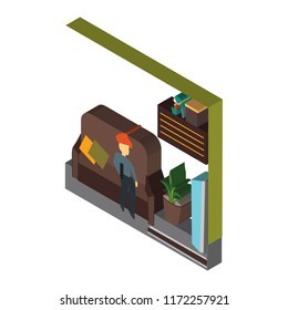 Kid watching TV isometric left top view 3D icon