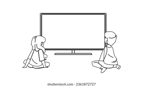 kid watching tv vector. television home, movie happy, child room, young watch, family children kid watching tv character. people black line illustration