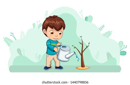 Kid with watering can caring for nature vector, ecology friendly child with tree. Environmental help of young boy, frondage and leaves gardening flat style