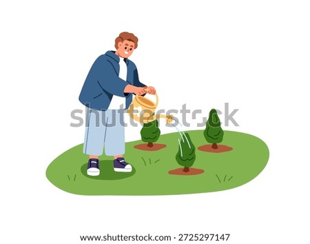 Kid with watering can, pot caring about tree saplings. Gardening, landscaping activity. Child works in backyard outdoors, growing, planting. Flat vector illustration isolated on white background