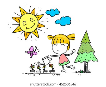 the kid watering plants