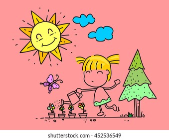 the kid watering plants