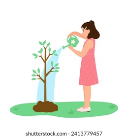 El niño está regando un árbol con agua que puede protegerse del medio ambiente natural en el Día del Arbor.