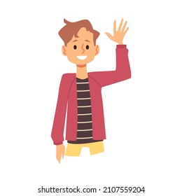 Kid waves to friend or family. Cartoon student or schoolboy raised his hand in welcoming gesture in flat vector illustration isolated on white background. Guy says hi, hello or goodbye