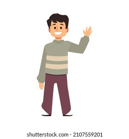 Kid waves to friends in greeting. Cartoon schoolboy wearing warm sweater raised his hand in welcoming gesture in flat vector illustration isolated on white. Guy says to family hello or goodbye