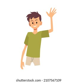 Kid waves his hand to friend or family. Cartoon boy raised his hand in greeting gesture in flat vector illustration isolated on white background. Schoolboy says hello or goodbye