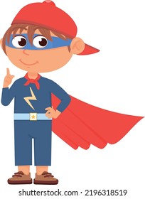 Kid in waving red cape. Superhero boy party costume