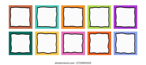 Conjunto de marco cuadrado ondulado para niños con espacio transparente Png vacío. Colección de borde de imagen de onda linda de vieira cuadrada. Kit de forma de marco ondulado de vieira. Ilustración vectorial
