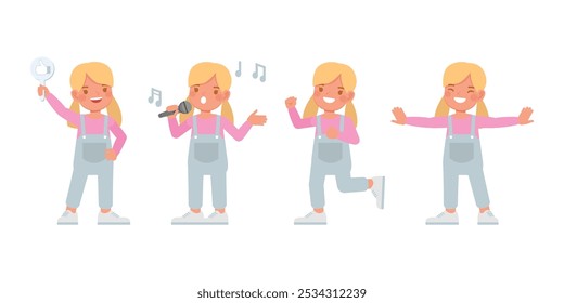 Conjunto de personaje de mono de mezclilla azul para niños. Chica cantando y mostrando el diseño de Ilustración vectorial de pulgares.