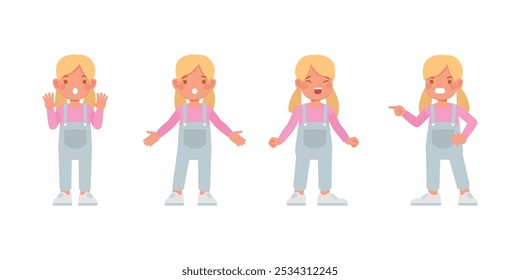 Kid wear blue denim jumpsuit character set. Girl is angry, sad and disappointed vector illustration design.