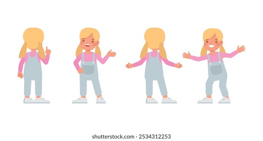 Conjunto de personaje de mono de mezclilla azul para niños. Diseño de Ilustración vectorial sonriente de la muchacha.