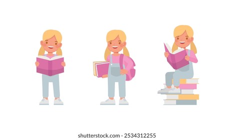 Conjunto de personaje de mono de mezclilla azul para niños. Chica leyendo un libro de diseño de Ilustración vectorial.