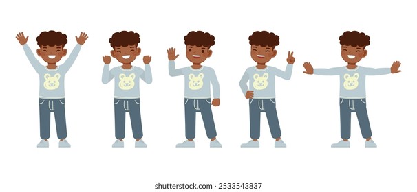 Kid wear blue shirt character set. Boy happy, proud and joyful vector illustration design.