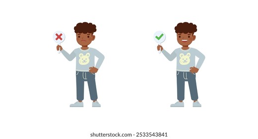 O garoto usa um conjunto de personagens de camisa azul. Garoto segurando placa de sinal marca de verificação verde e vermelho cruz marca de vetor projeto de ilustração.