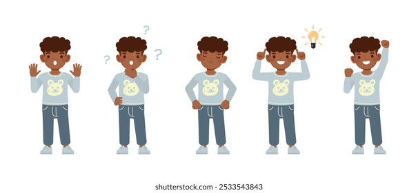 Kid wear blue shirt character set. Boy thinking, analysis, and idea process vector illustration design.