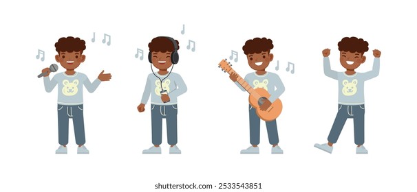 Kid wear blue shirt character set. Boy playing guitar and singing vector illustration design.